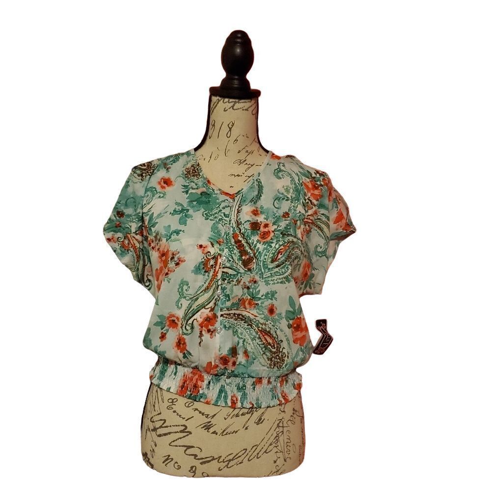 Ally B. Ladies Size XL Green White Paisley Ruched Bottom Peasant Blouse